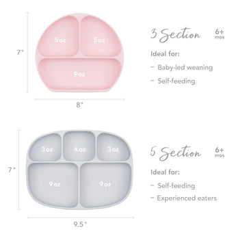Size chart comparing Bumkins Silicone Grip Dish 3 Section versus 5 Section with dimensions and compartment sizes.