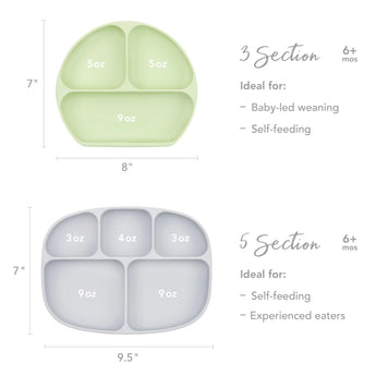Size chart comparing Bumkins Silicone Grip Dish 3 Section versus 5 Section with dimensions and compartment sizes.