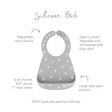Infographic of Bumkins Silicone Bib: 100% food-safe platinum silicone, adjustable neck closure, easy to clean, large stay-open pocket.