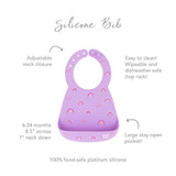 Infographic of Bumkins Silicone Bib: 100% food-safe platinum silicone, adjustable neck closure, easy to clean, large stay-open pocket.