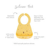 Infographic of Bumkins Silicone Bib: 100% food-safe platinum silicone, adjustable neck closure, easy to clean, large stay-open pocket.