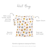 Infographic of Bumkins Wet Bag: Bumkins signature waterproof fabric, zipper closure, snap handle, stash wet stuff inside.