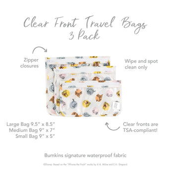 Infographic of Bumkins Clear Travel Bag 3-Pack: Bumkins signature waterproof fabric, clear fronts are TSA-compliant, zipper closures.