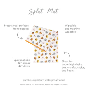 Infographic of Bumkins Splat Mat: Bumkins signature waterproof fabric, wipeable and machine washable, protect your surfaces from messes.
