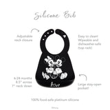 Infographic of Bumkins Silicone Bib: 100% food-safe platinum silicone, adjustable neck closure, easy to clean, large stay-open pocket.