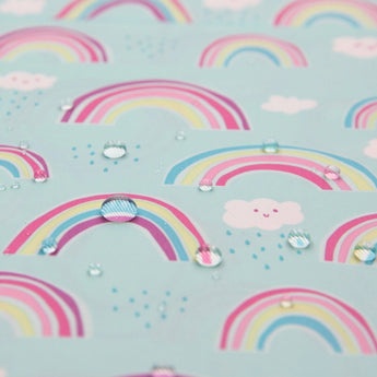 Close-up of water droplets on Bumkins Wet/Dry Bag: Rainbows.