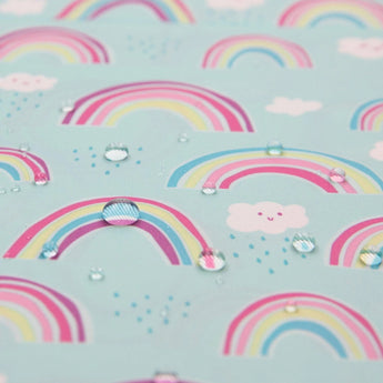 Close-up of water droplets on Bumkins Splat Mat: Rainbows.