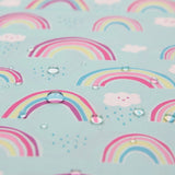 Close-up of water droplets on Bumkins Sleeved Bib: Rainbows.