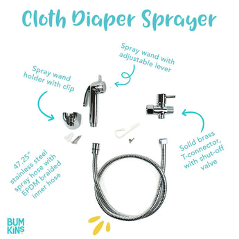 Infographic of Bumkins Cloth Diaper Sprayer: 47.25" stainless steel spray hose, solid brass T-connector with shut-off valve, adjustable lever.
