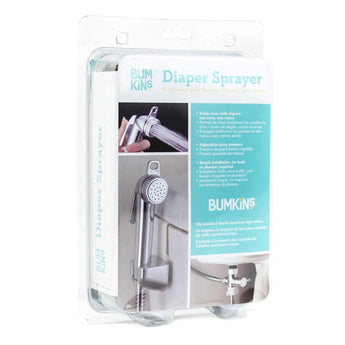 Bumkins Cloth Diaper Sprayer in clear plastic clamshell packaging with front and side insert containing photos and product information.