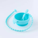 Bumkins Silicone First Feeding Set: Blue and a blue silicone tether sit on a white background.