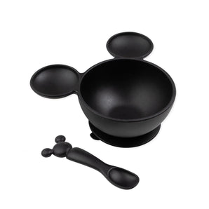 Bumkins Silicone First Feeding Set: Mickey Mouse Classic Black includes a black Mickey Mouse-shaped silicone bowl and matching spoon.