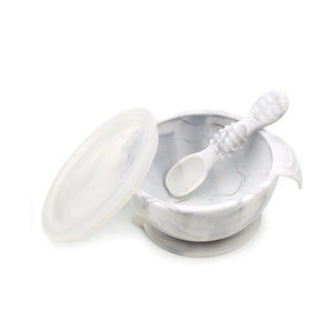 Bumkins Silicone First Feeding Set: Marble includes a bowl with suction bottom, a matching spoon, and a transparent lid.