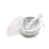 Bumkins Silicone First Feeding Set: Marble includes a bowl with suction bottom, a matching spoon, and a transparent lid.