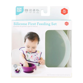 Bumkins Silicone First Feeding Set: Sage is shown in a white packaging box, with a clear window partially showing the bowl.