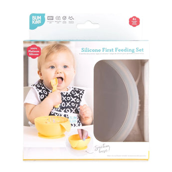 Bumkins Silicone First Feeding Set: Sand is shown in a white packaging box, with a clear window partially showing the bowl.