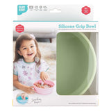 Bumkins Silicone Grip Bowl: Sage in a white packaging box with a photo of a child and a clear window partially displaying the bowl.