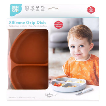 Bumkins Silicone Grip Dish: Clay in a white packaging box with a photo of a child and a clear window partially displaying the dish.
