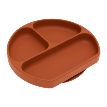 Bumkins Silicone Grip Dish: Clay is a round dish with 3 compartments and a suction base, made of food-safe silicone.