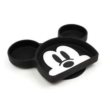 Bumkins Silicone Grip Dish: Mickey Mouse is a black & white Mickey Mouse face-shaped silicone dish with 3 sections and suction base.