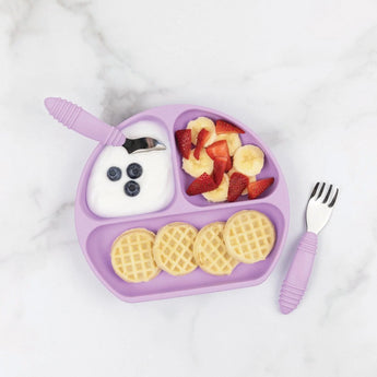 Bumkins Silicone Grip Dish: Lavender with yogurt, fruit, and waffles, and matching utensils on a marble background.