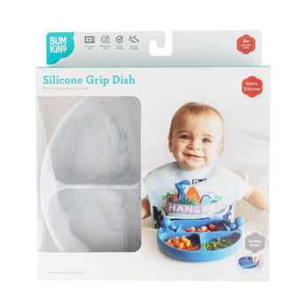 Bumkins Silicone Grip Dish: Marble in a white packaging box with a photo of a child and a clear window partially displaying the dish.