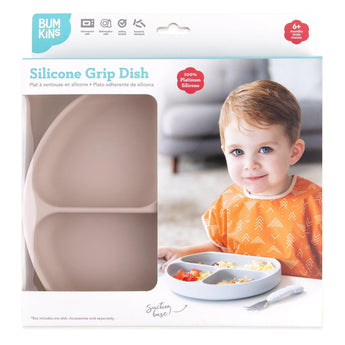 Bumkins Silicone Grip Dish: Sand in a white packaging box with a photo of a child and a clear window partially displaying the dish.
