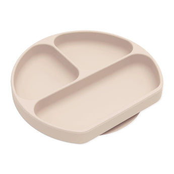 Bumkins Silicone Grip Dish: Sand is a beige round divided plate with three compartments and a suction base.