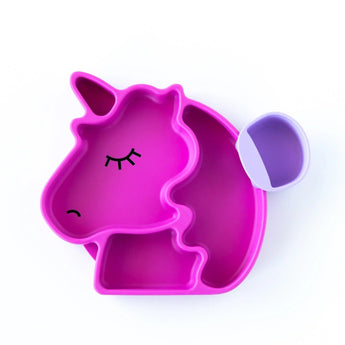 Bumkins Silicone Grip Dish Special Edition: Unicorn with a light purple cup attached on a white background.