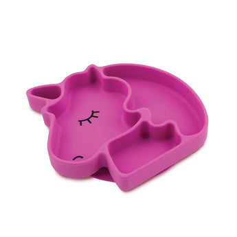 Bumkins Silicone Grip Dish Special Edition: Unicorn is a dark pink unicorn-shaped dish made of food-safe silicone with suction base.