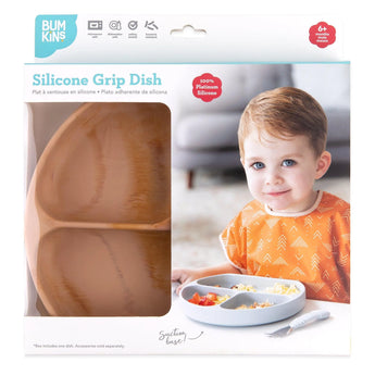Bumkins Silicone Grip Dish: Wood Grain in a white packaging box with a photo of a child and a clear window partially displaying the dish.