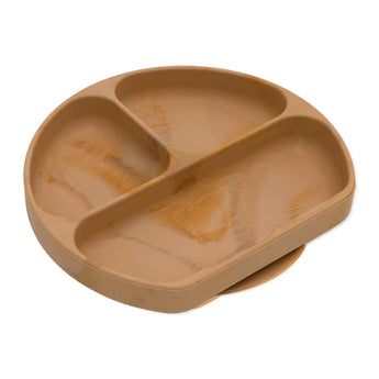Bumkins Silicone Grip Dish: Wood Grain is made of food-safe silicone, and includes 3 sections and a non-slip suction base.
