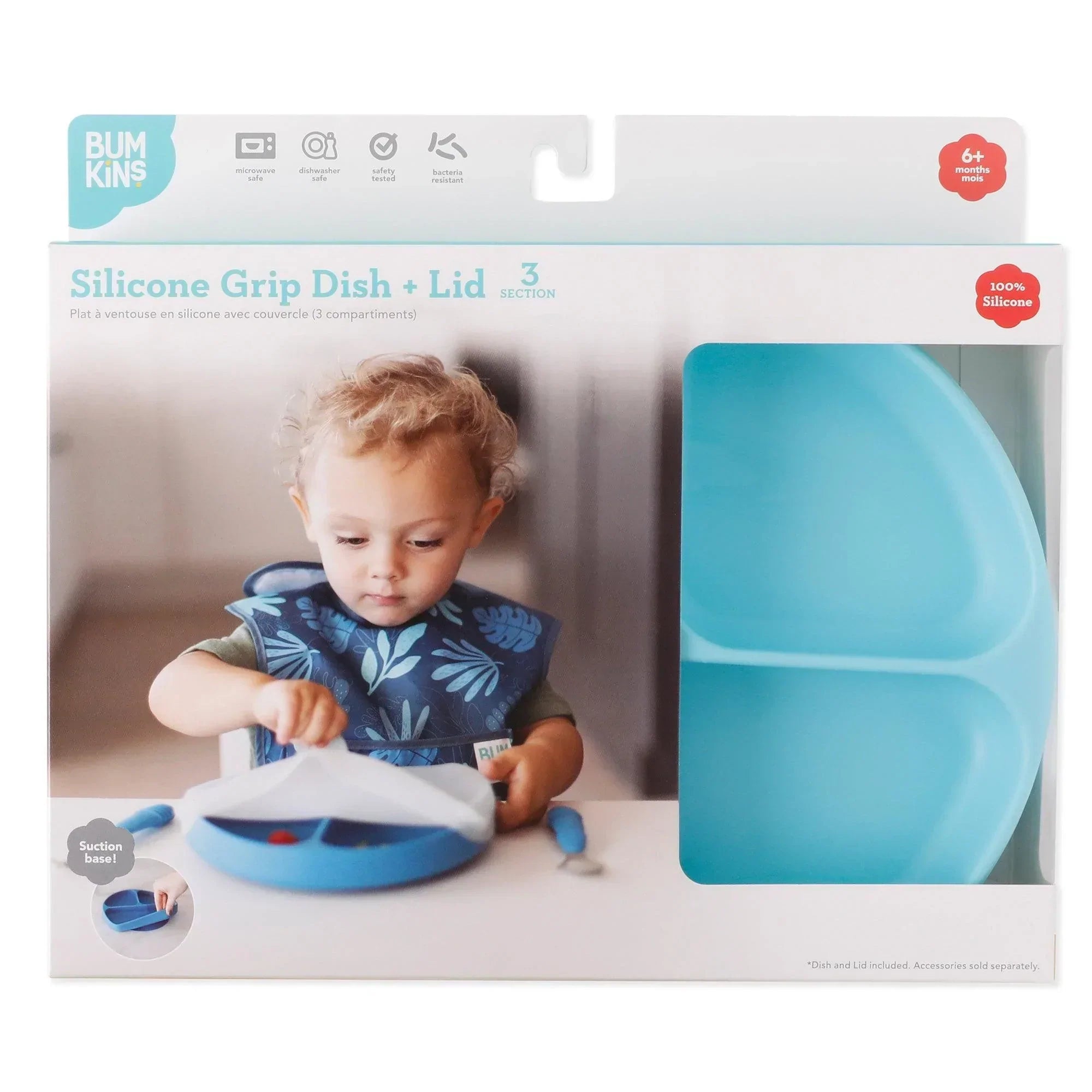 Silicone Grip Dish with Lid (3 Section): Blue - Bumkins