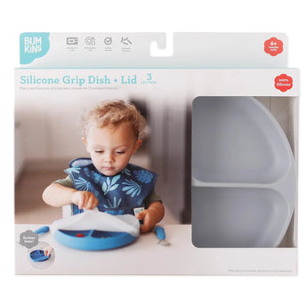 Bumkins Silicone Grip Dish with Lid (3 Section): Gray is shown in a white packaging box with a clear window partially displaying the dish.