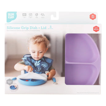 Bumkins Silicone Grip Dish with Lid (3 Section): Lavender is shown in a white packaging box with a clear window partially displaying the dish.
