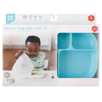 Bumkins Silicone Grip Dish with Lid (5 Section): Blue is shown in a white packaging box with a clear window partially displaying the dish.