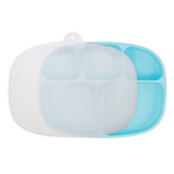 Bumkins Silicone Grip Dish with Lid (5 Section): Blue features a dish with five sections and suction base, and a transparent stretch lid.