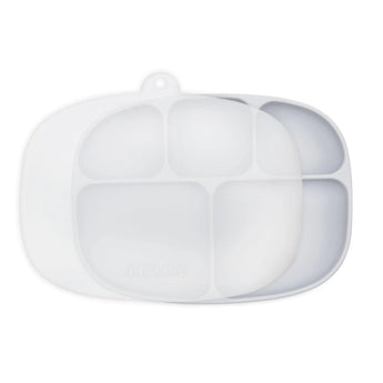 Bumkins Silicone Grip Dish with Lid (5 Section): Gray features a dish with five sections and suction base, and a transparent stretch lid.