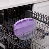 Bumkins Silicone Grip Dish with Lid (5 Section): Lavender sits in the top rack of an open dishwasher.