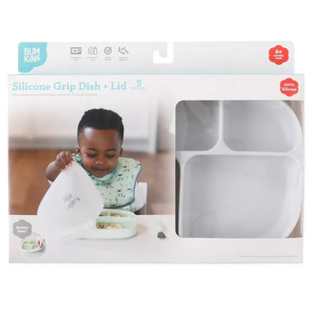Bumkins Silicone Grip Dish with Lid (5 Section): Marble is shown in a white packaging box with a clear window partially displaying the dish.
