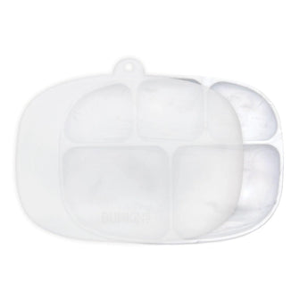 Bumkins Silicone Grip Dish with Lid (5 Section): Marble features a dish with five sections and suction base, and a transparent stretch lid.
