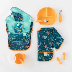 Bumkins Ultimate Gift Set - Jungle & Animal Prints includes two kinds of bibs, a bowl with spoon, two sets of utensils, and a silicone dish.