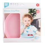 Bumkins Silicone Grip Plate: Pink in a white packaging box with a photo of a child and a clear window partially displaying the dish.