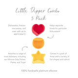 Infographic of Bumkins Silicone Little Dipper 3-Pack: 100% food-safe platinum silicone, attaches to most dishware, perfectly sized for sauces.