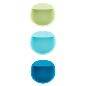 Bumkins Silicone Little Dipper Round 3-Pack: Gumdrop includes cups in green, light blue, & dark blue; stackable, with lips for easy hanging.