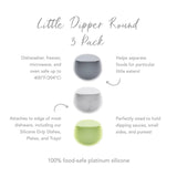 Infographic of Bumkins Silicone Little Dipper 3-Pack: 100% food-safe platinum silicone, attaches to most dishware, perfectly sized for sauces.