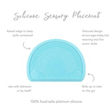 Infographic of Bumkins Silicone Sensory Placemat: 100% food-safe platinum silicone, raised edge, textured design, rolls up to take on the go.