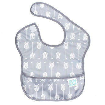 Bumkins SuperBib®: Arrow is a gray waterproof bib with a white arrow design, gray trim, hook-and-loop closure, and front pocket.