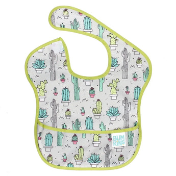 Bumkins SuperBib®: Cacti is a gray waterproof bib with a cactus design, green trim, front pocket, and hook-and-loop closure.