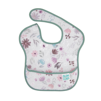 Bumkins SuperBib®: Floral is a waterproof baby bib with pastel floral pattern & green trim, ideal for mealtime messes.